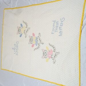 Three Little Kittens Vtg 80s Crossstitch Hand Crafted Nursery Rhyme Quilt READ